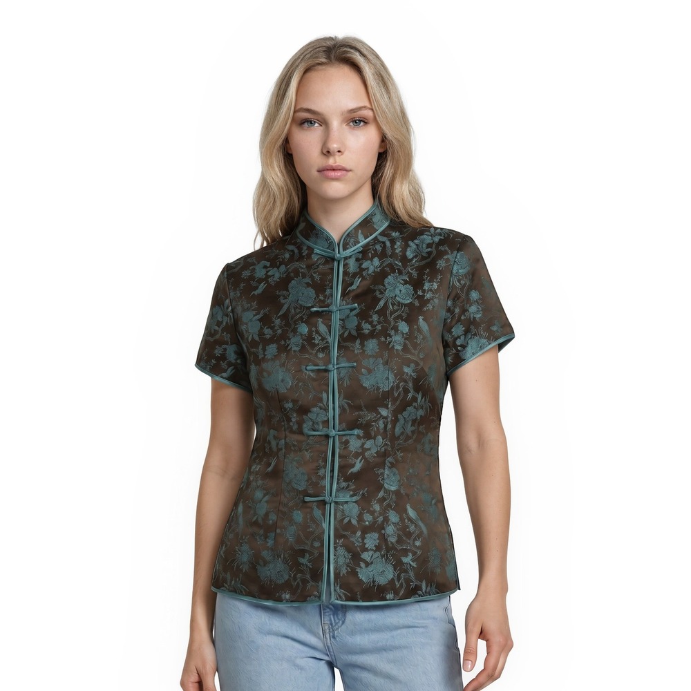 Dragon 100% Silk Jacket Top Women's Size Medium Brown Teal Brocade Frog Vintage